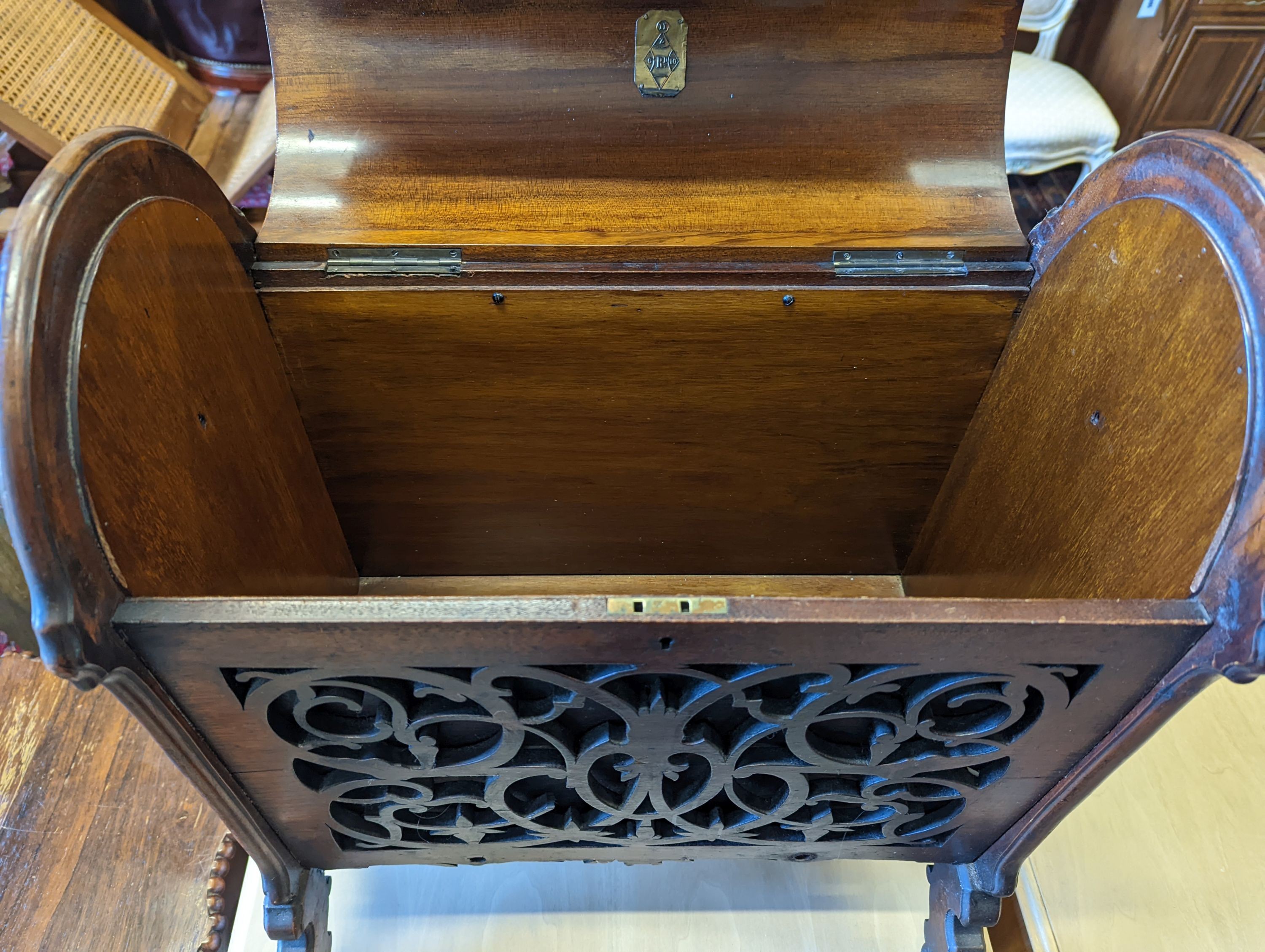 A Victorian burr walnut fret cut domed enclosed Canterbury, width 48cm, depth 38cm, height 59cm